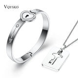 Fashion A Couple Jewelry Sets For Lovers Stainless Steel Love Heart Lock Bracelets Bangles Key Pendant Necklace Couples Set - NO BRA CLUB